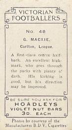 1933 Hoadley's Victorian Footballers #48 Gordon Mackie Back